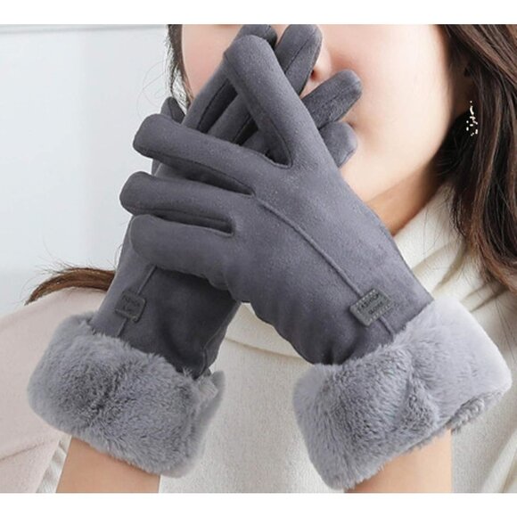 Women's Gray Winter Warm Touch Screen Thick Mittens Lady Outdoor Gloves - Picture 4 of 6